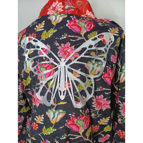 Kleed Kimono Robe, Pink Flowers, Red Trim, Embroidered Butterfly, Medium/Large - Picture 3 of 11